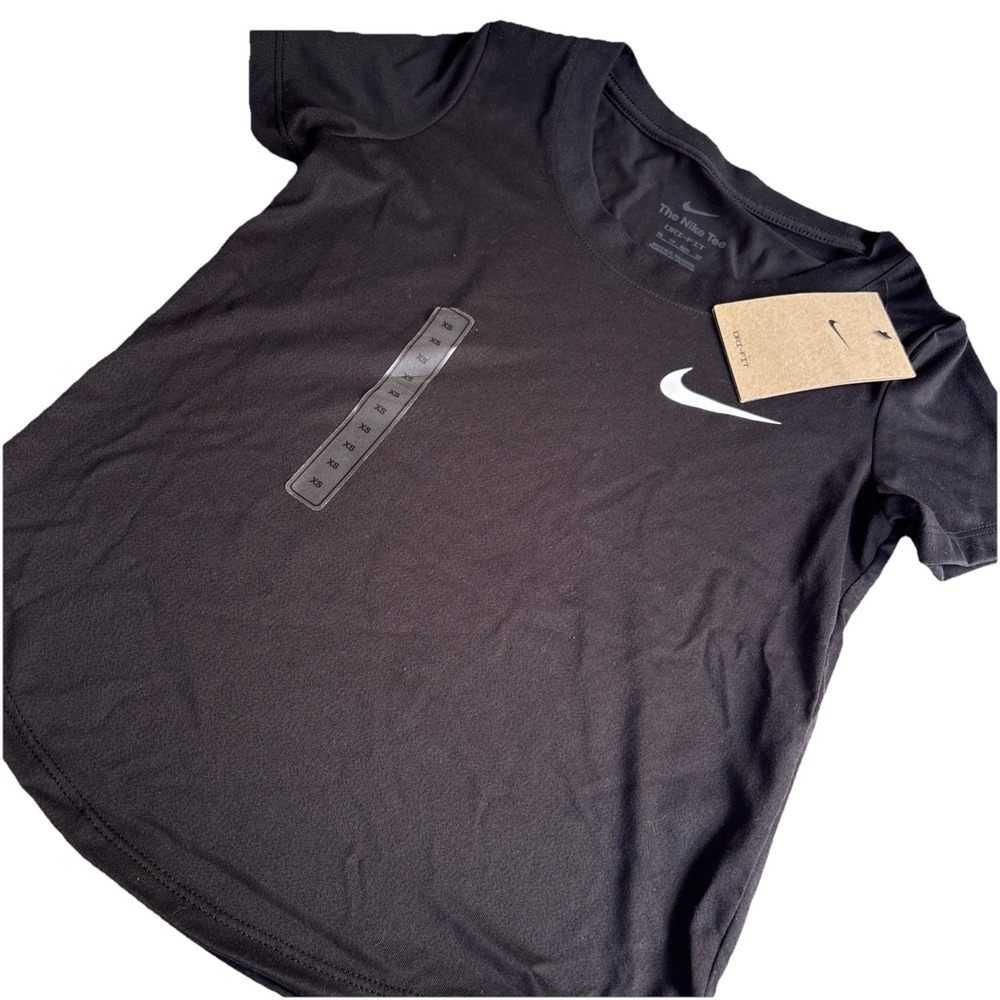 Nike Shirt Kids XS Black Short Sleeve Dri-FIT Swoosh Logo Athletic Lightweight